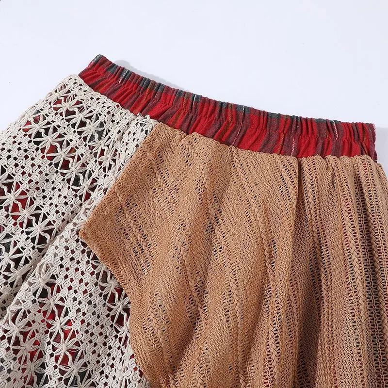 DongCMY Style y Leisure Autumn Irregular Plaid Lace Splicing HighWaisted Wine Red Skirt 251022