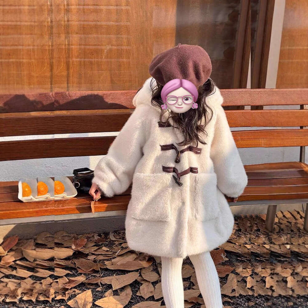 Coat Girls' Fur Faux Plush Mink MidLength Thickened Jacket with Cute Bear Ears Girls'