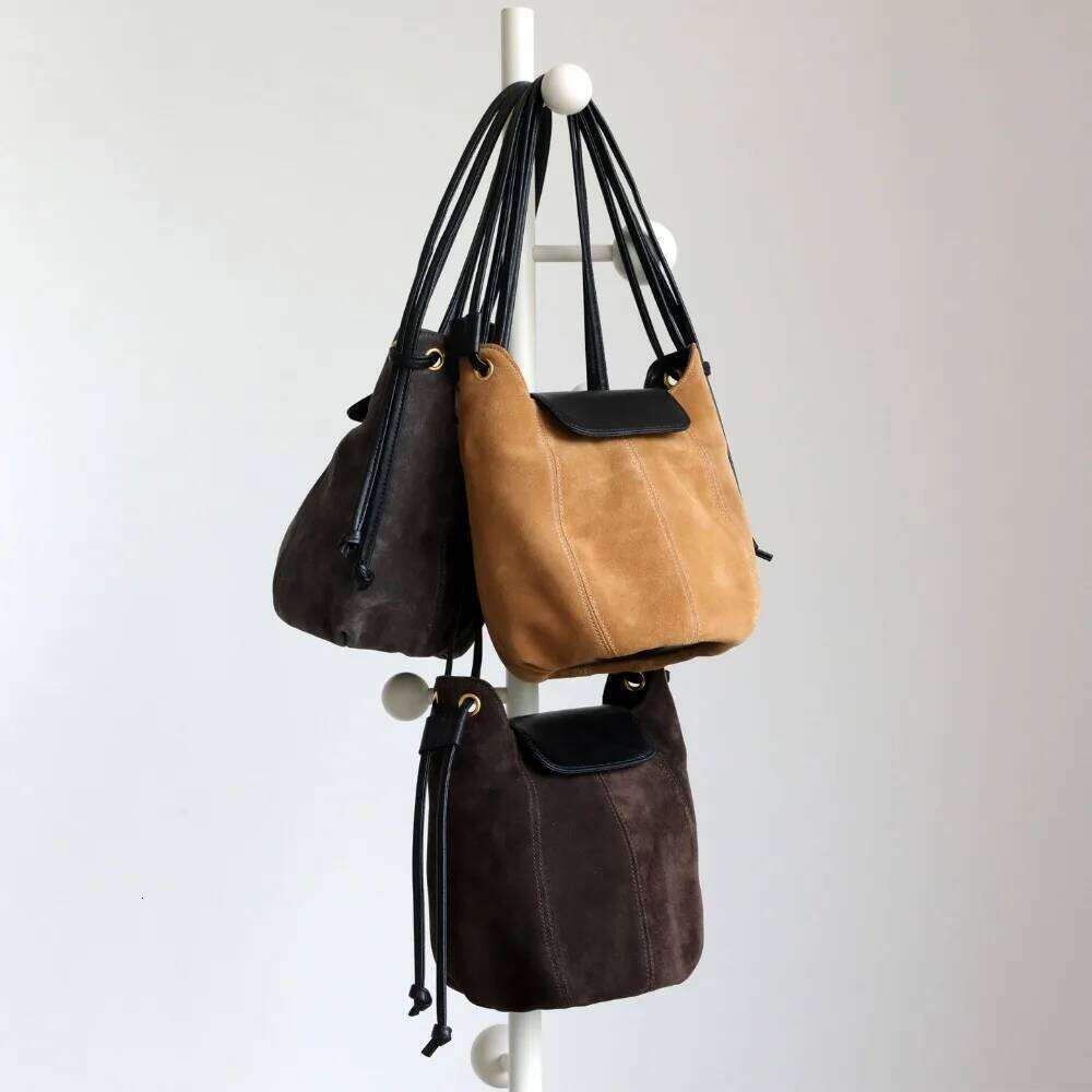 Niche Portable Matte Leather Bucket Women's High Mercerized Suede Contrasting Color Light Shoulder Messenger Bag