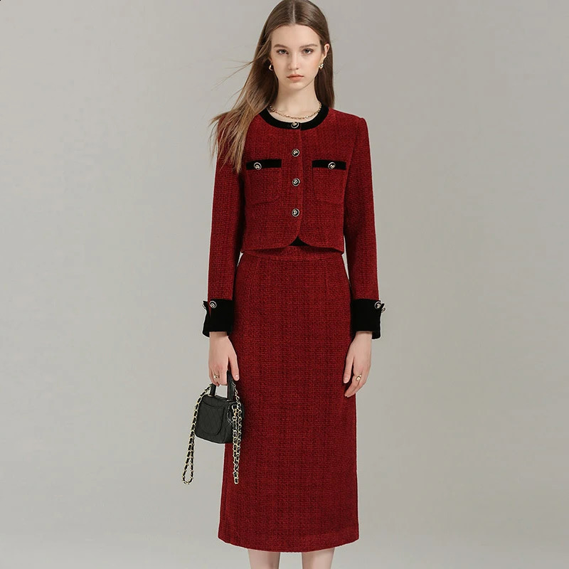 EVNISI Women Elegant TwoPiece Wine Tweed Cardigan Coat Aline Skirt Set Button Up Long Sleeved Chic JacketHigh Waist 251022