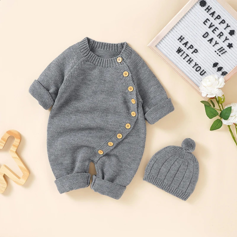 Baby Rompers Clothes Spring Autumn Solid Full Sleeve Knitted born Infant Boys Girls Jumpsuits Hats Outfits Sets 018m Costume 251023