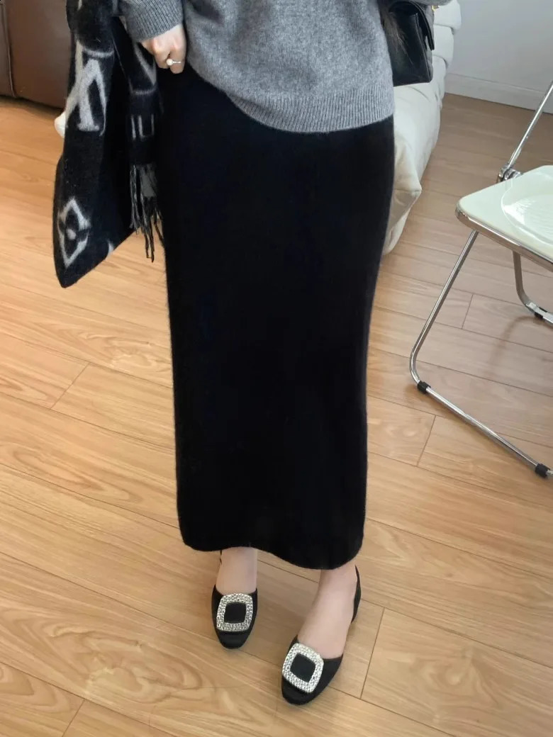 Soft Waxy Autumn and Winter Skirt Straight Versatile Thin Knitted Medium Long H Casual Women 251022