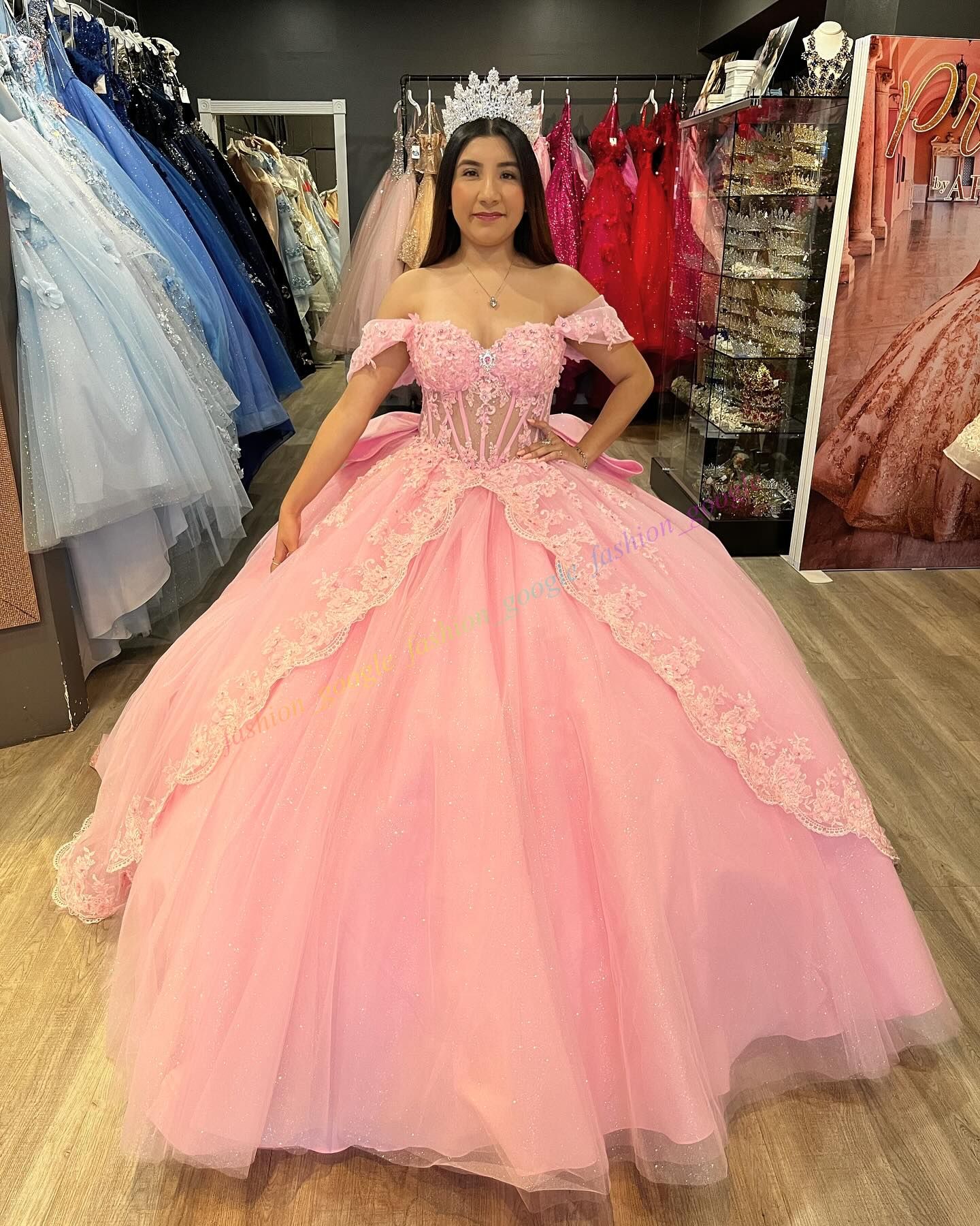 Glitter Pink Quinceanera Dress Sheer Corset Mexican Quince Sweet 15/16 Birthday Party Ball Gown Girl Drama Gala Off-Shoulder Pannier-Inspired Gathered