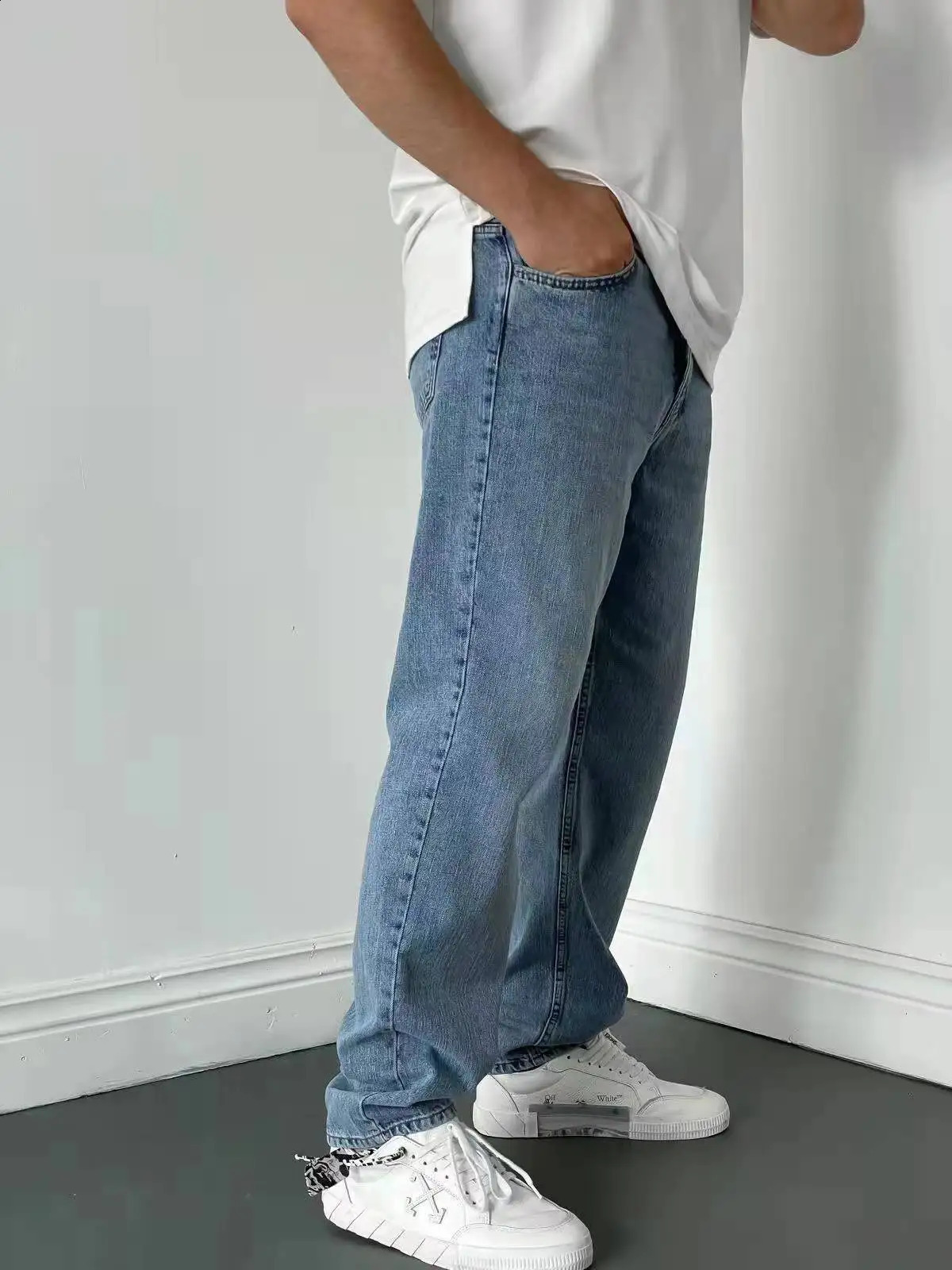 Men Comfortable Straight Casual Jeans Male Soft Baggy Outside Denim Pants Classic Elastic Waist Solid Office Work Trousers 251018