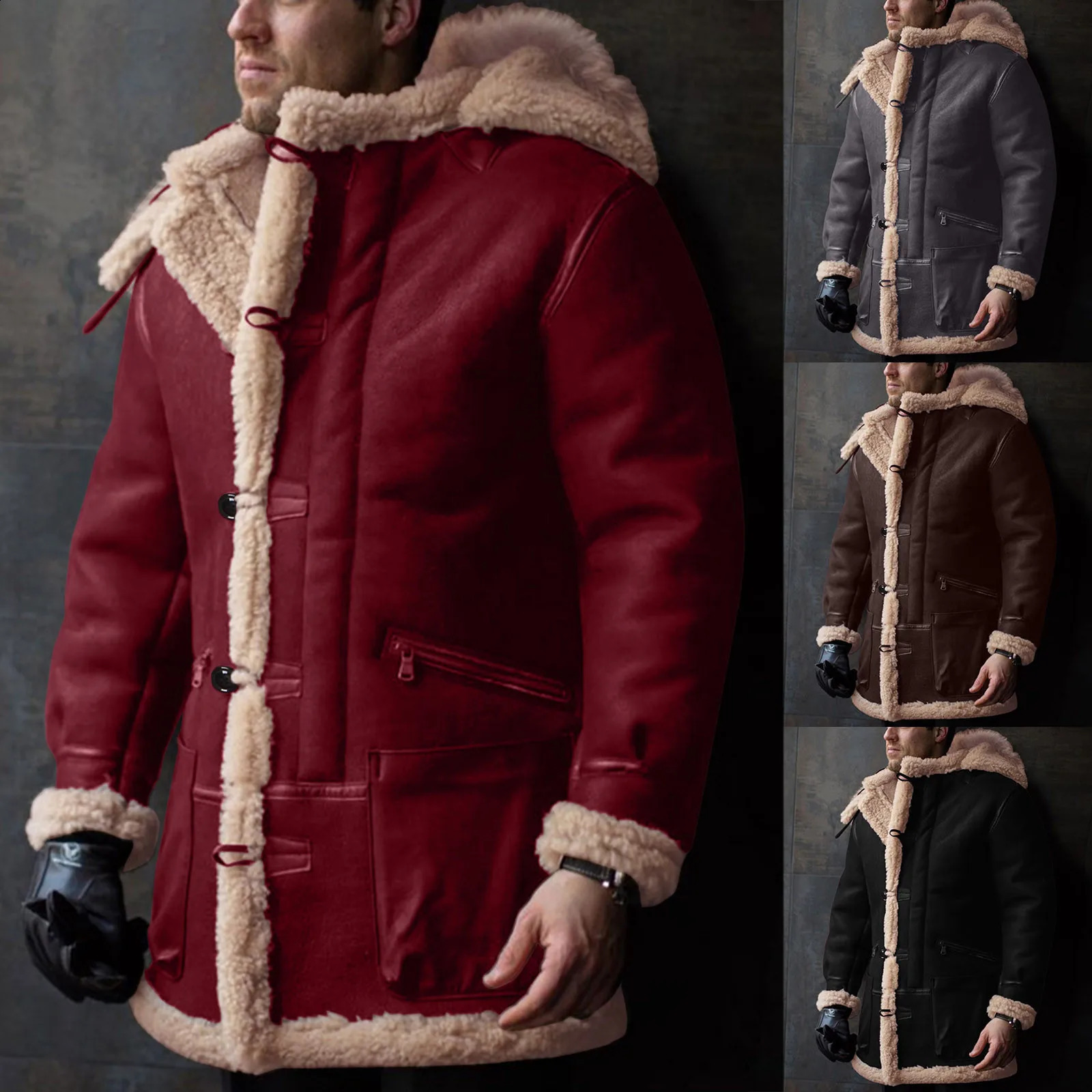 Winter Fleece Jacket Coat Men Hooded Button Lapel Long Sleeve Padded Faxu Leather Vintage Mens Rain 251023