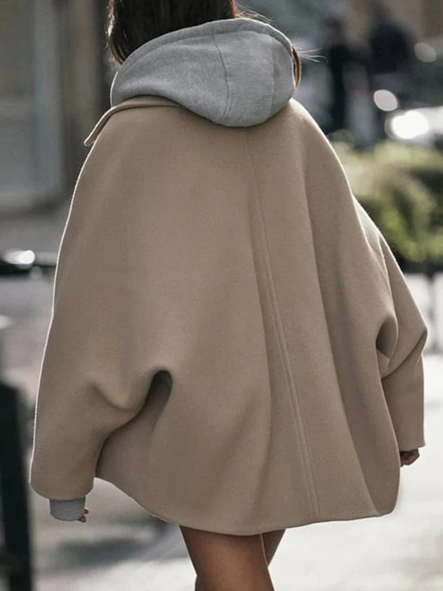 Women s Winter Oversized Wool Jacket with Batwing Sleeves and Lapel Collar Button Clre Solid Color Loose Fit Coat for Cold 251018