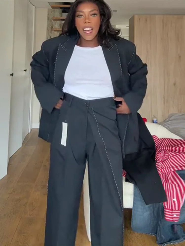 Casual Loose Womens Blazer Pant Suits Lapel DoubeBreasted Top Straight Pants Lady Set Autumn 2 Pieces Set Women 251016