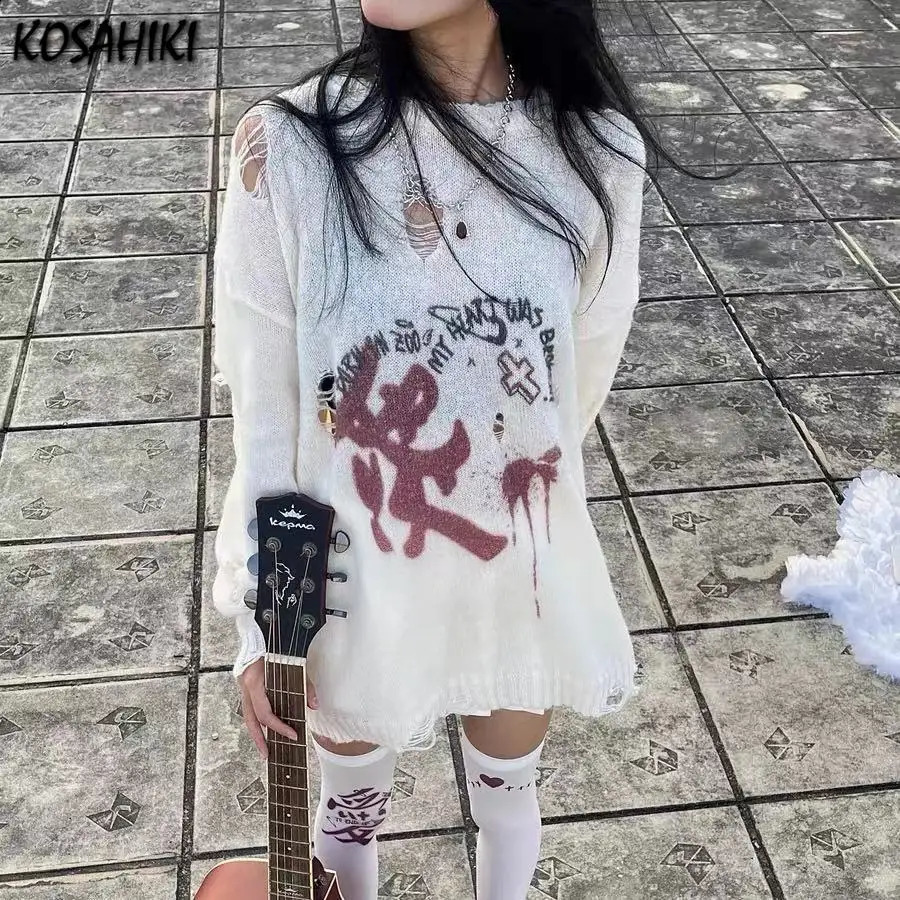 KOSAHIKI Punk Thin Ripped Hole Sweater Women Hollow Out Y2k Knitted Pullover Spring Casual Loose Tops Harajuku Print Jumper 251023