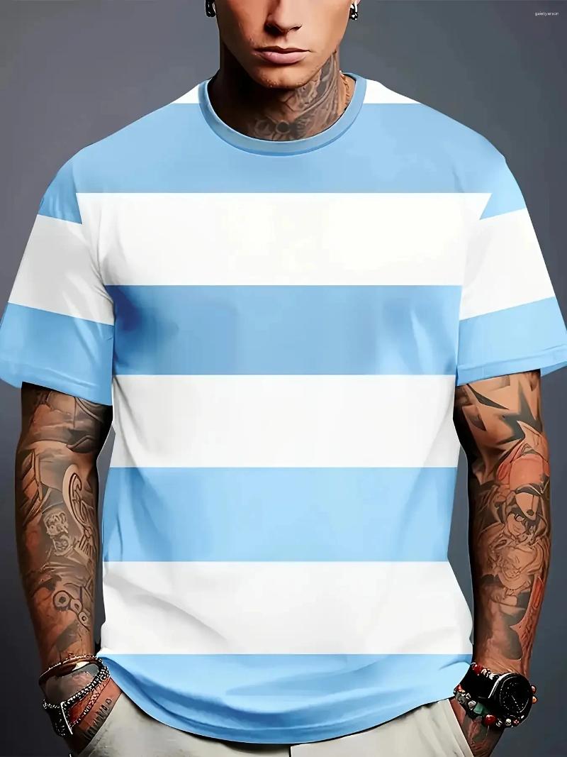 Men's T Shirts Basic Versatile Striped T-Shirt | Simple Light Blue And White Print Multi-Way Wear For Casual Fitness Occasions