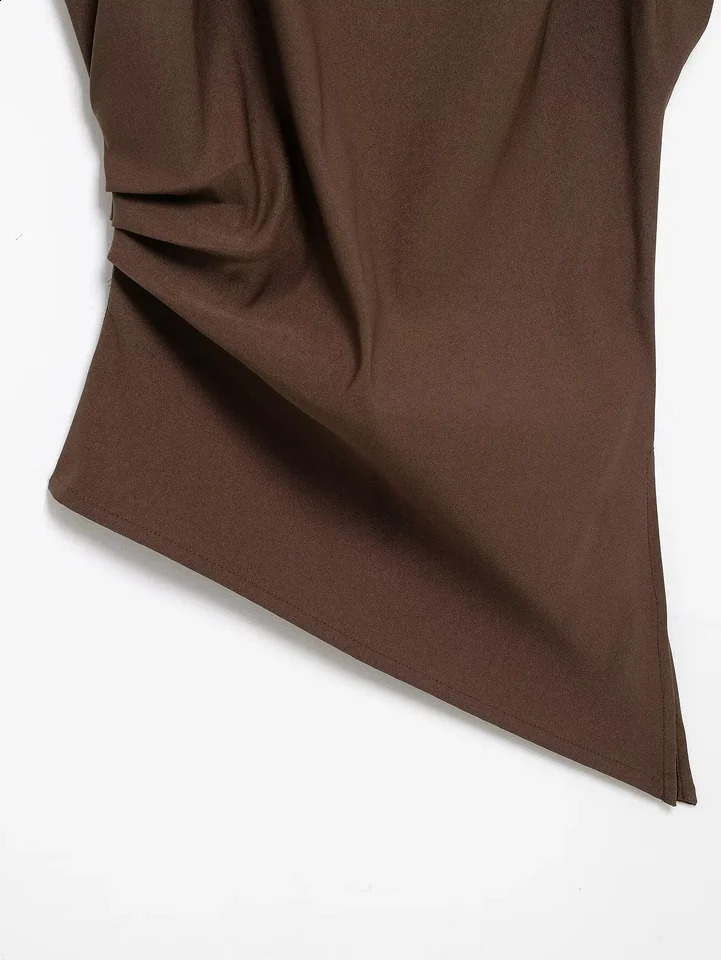 2025 Summer Asymmetric Tank Women Wine RedBrownBlack Ruched Sleeve OfficeParty Tops Breathable Stretchy Slim Fit Streetwear 251023