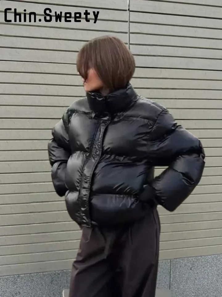 Fashion Solid Quilted Cotton Jacket Women Loose Stand Collar Zipper Street Warm Coat Autumn Winter Lady Chic Outwear 251021