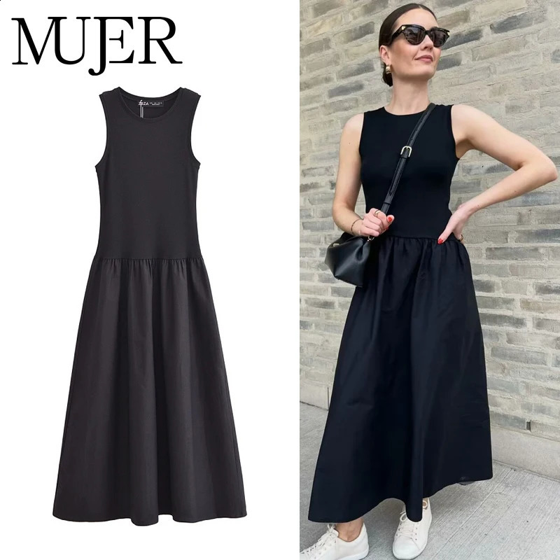 MUJER Black Pleated Long Dresses for Women Knitted Sleeveless Maxi Dress Woman Vintage Party Womens Dresses Spring Casual Dress 251023