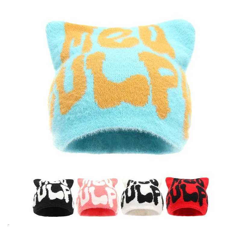 Halloween Cats ears Steamed catear shaped bread Knit Hat Letter Jacquard Warm Fashion Y2K Style BeaniesXJ251023