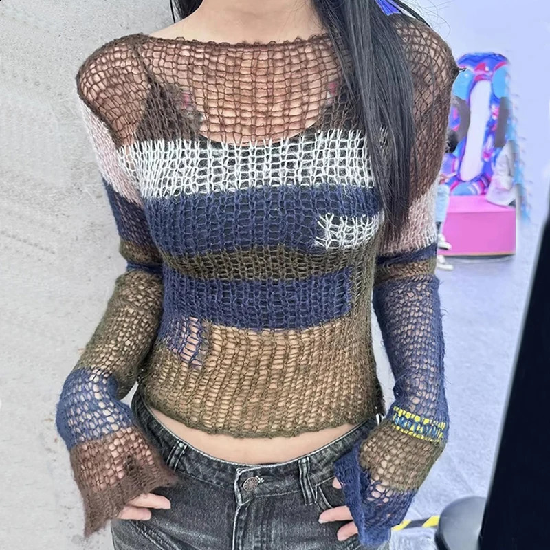 Y2K Vintage Hollow Out Sweater Women Sexy Patchwork Striped Knit Sweater Japanese 2000S Hole Pullover Aesthetics Crop Knit Tops 251023