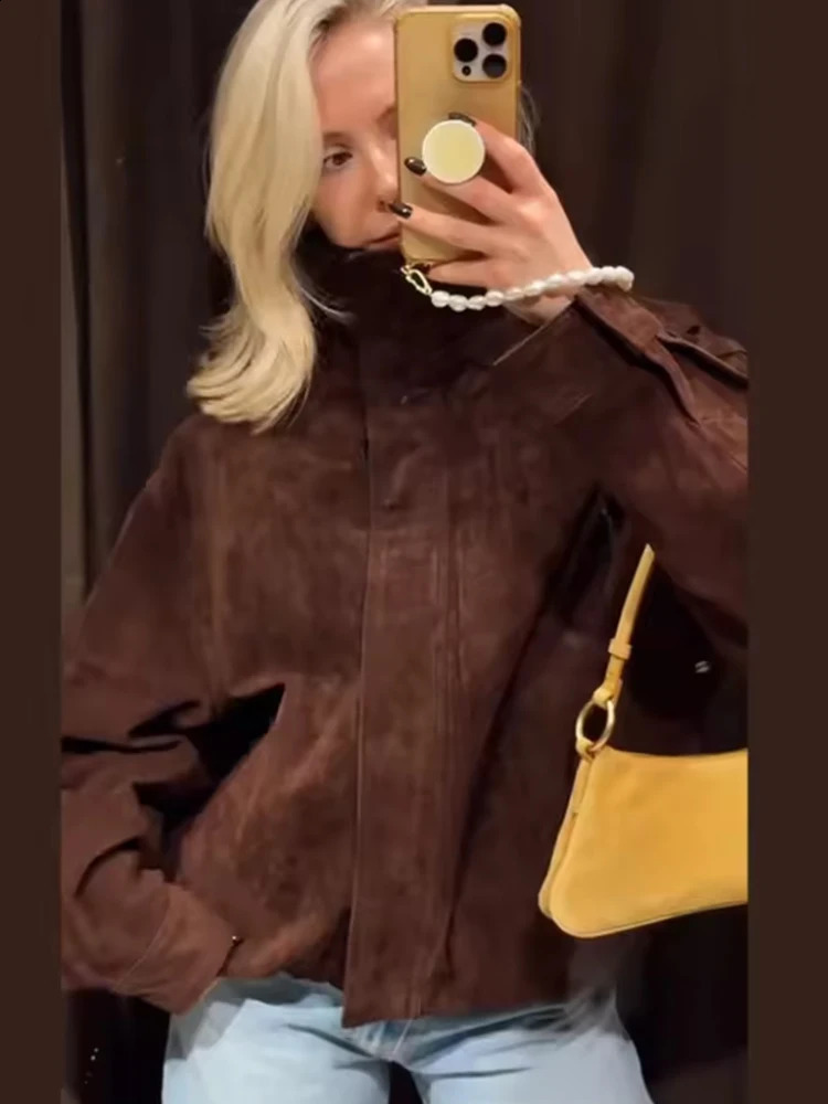 TFMLN Autumn Winter Womens Suede Jackets Fashion Loose Long Sleeves Elegant Warm Coat Chic Street Leisure Zipper Coats 251013