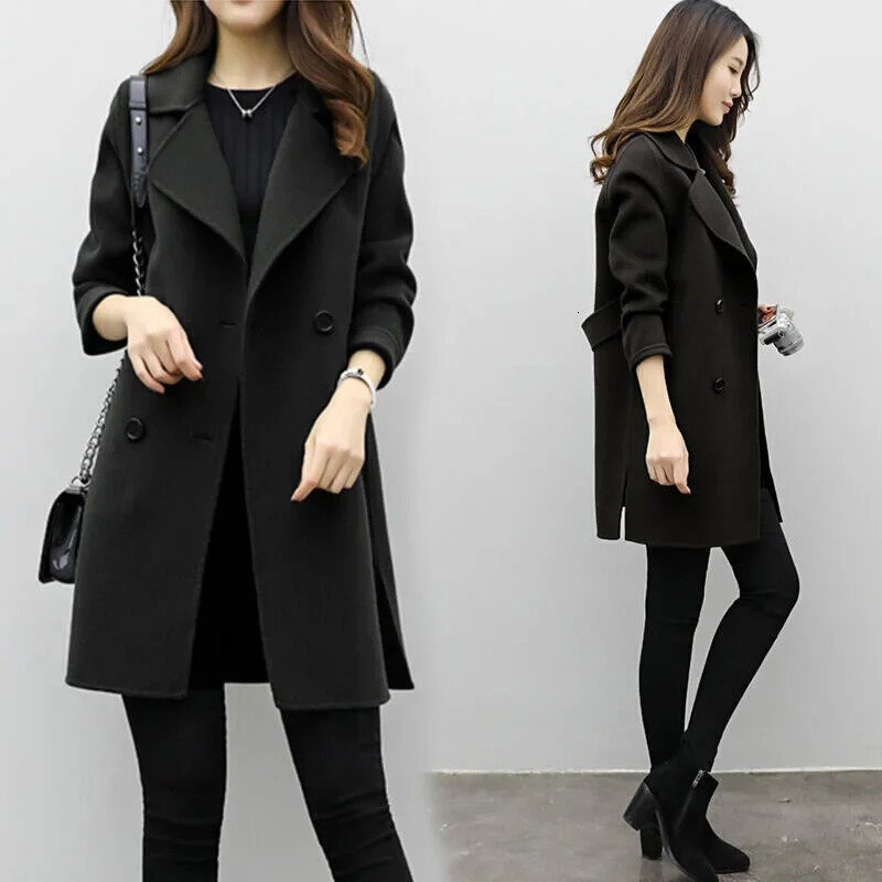 Plus Size Spring Autumn Winter Korean Style Fashion Simple Slimming Casual MidLength DoubleBreasted Woolen Coat 251020
