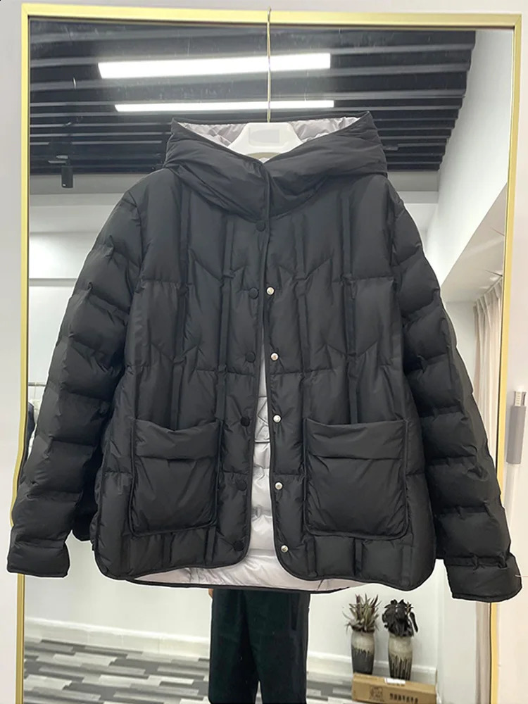 Lagabogy Winter Women 90 White Duck Down Coat Female Stand Collar SingleBreasted Puffer Jacket Casual Loose Hooded Parkas 251022