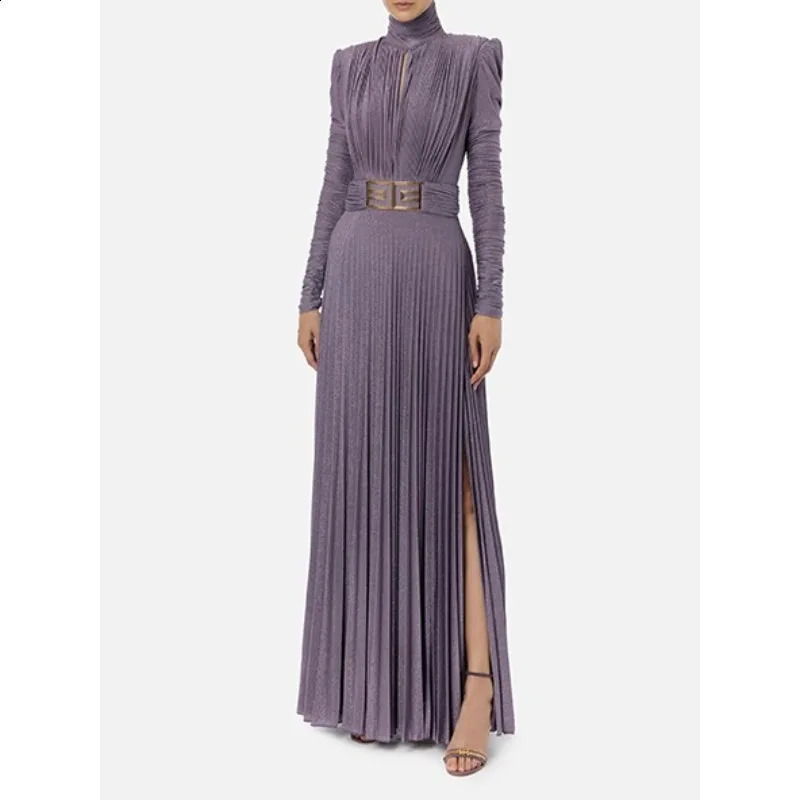Purple Womens Dresses Turtlenecks Folds Midi Aline Backless Long Sleeve Sideslit with Belt Part Evening Dress 141013 251022
