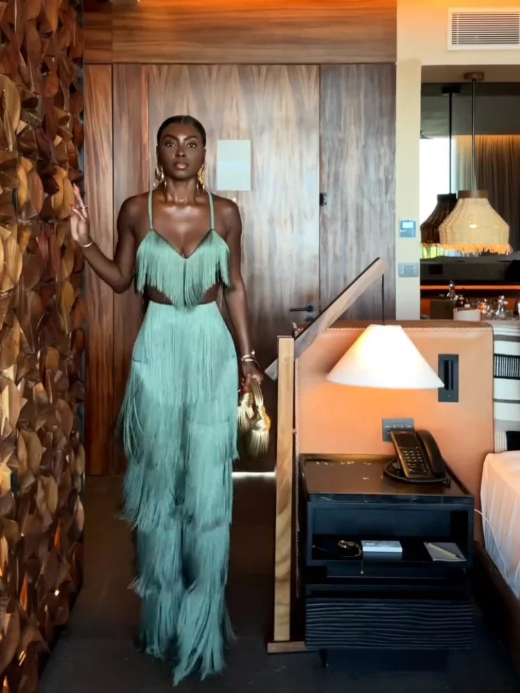 Elegant Mint Green Fringe Pant Set For Women Sexy Vneck Strap Crop Top High Waist Long Trouser Suit Lady 2025 Chic Party Outfit 251011