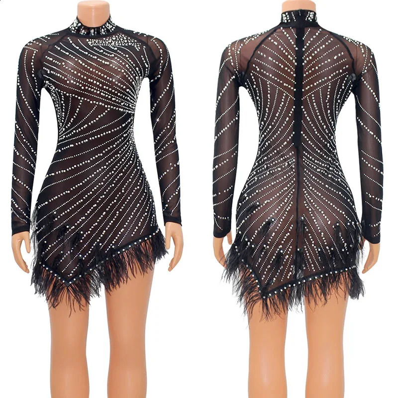 Sexy Pearls Rhinestone Party Dresses Women Elegance Nightclub Feather Birthday Dress Long Sleeve Mesh Sheer Bodycon Mini Dress 251020