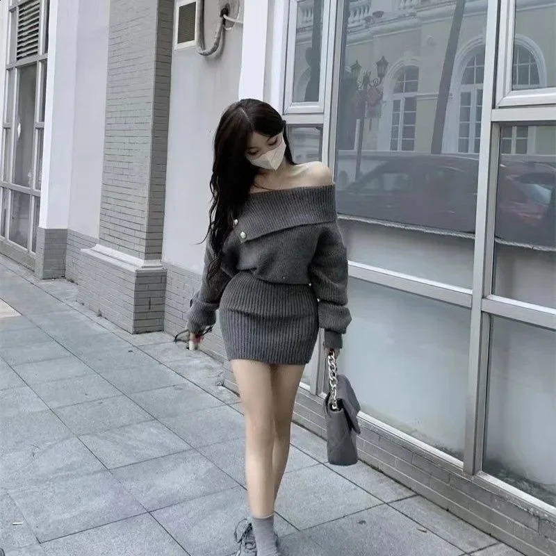 Shoulder Bared Knitted Sweater Dress Womens Autumn Winter Style Grey Wrap Waist Short Skirt Long Sleeve Dress 251020