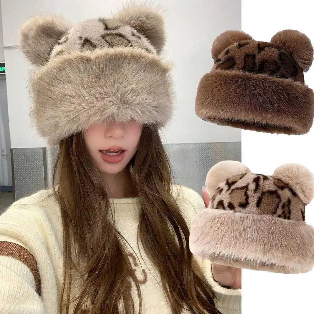 Retro Leopard Print Plush Cat Ears Beanie Women Thicken Warm Fur Hat Windproof Fluffy Fur Bucket Hat Cold Snowy Day Panama CapXJ251023