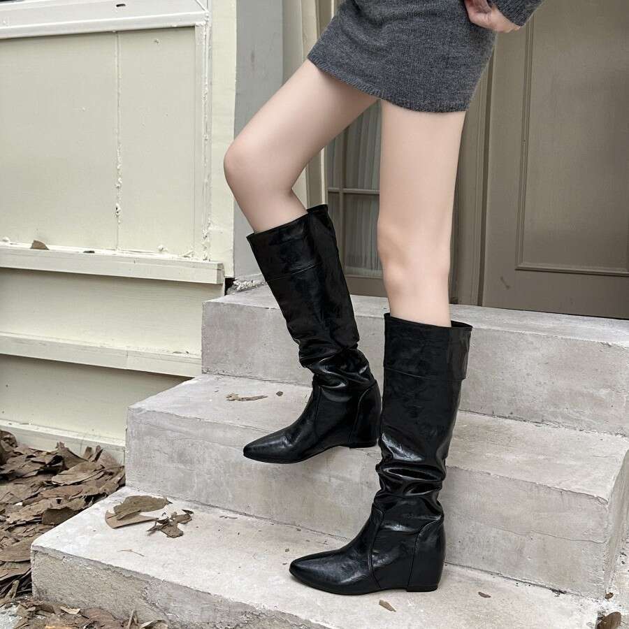 Soft Leather Chunky Heel Wrinkled Slouchy Riding 2025 Autumn New Style Internal Designer Shoe Height Increase Slim High Tube Long Boots