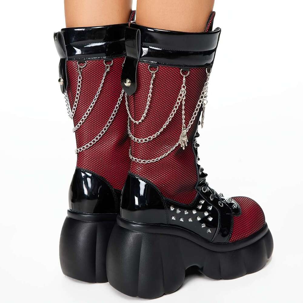 2025Fashion Studded Motorcycle Chunky Black Combat Ankle Booties With Chain Detail, Round Toe, High Heel, Faux Cover