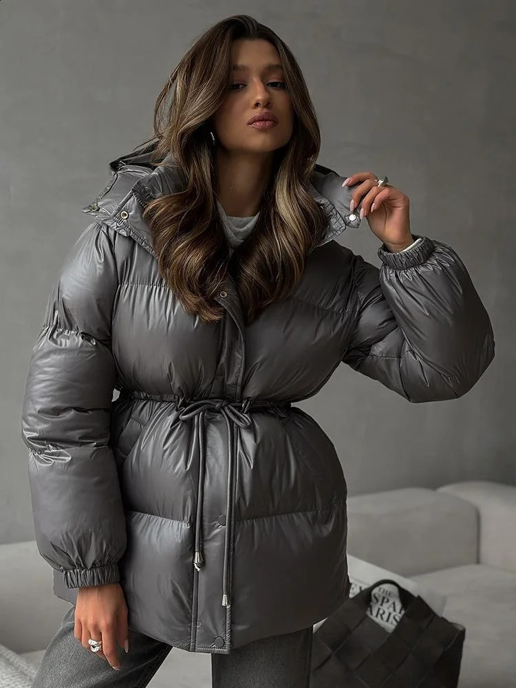 Casual Waistcinching Thicken Cotton Coat Women Fashion Zipper Long Sleeve Lace Up Hooded Coats Winter Warm Lady Outerwears 251021