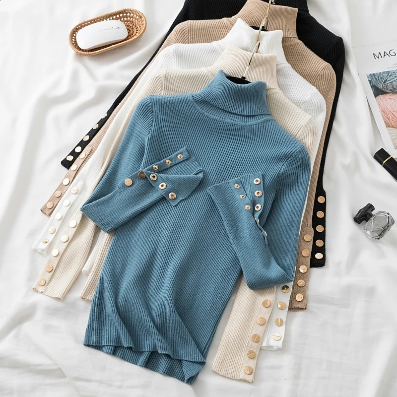 2025 autumn winter women thick sweater pullovers long sleeve button Turtleneck chic Sweater Female Slim knit soft jumper tops 251016