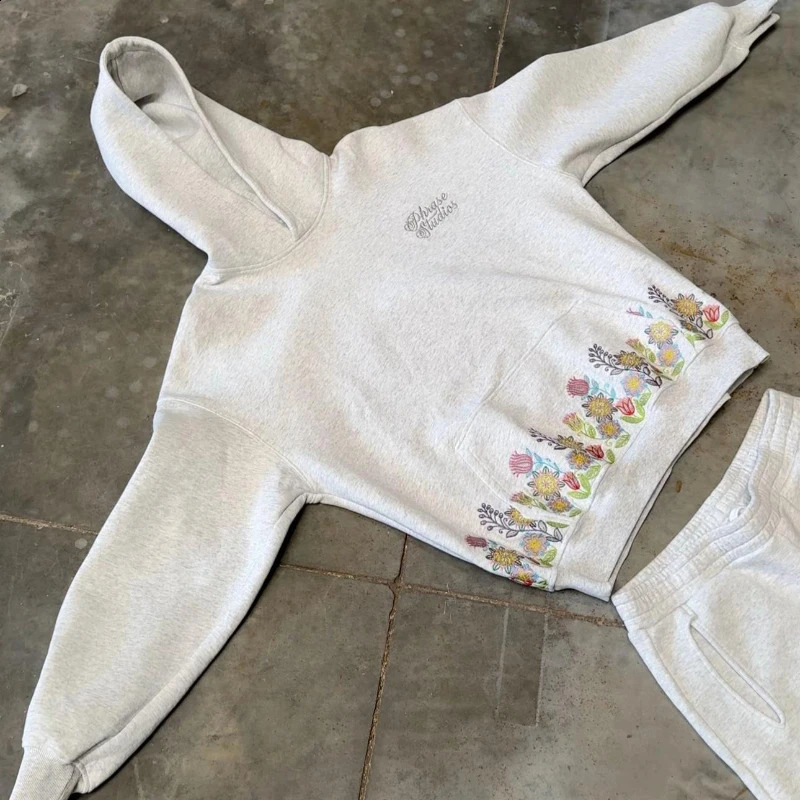 2 Pcs Outerwear Coords Y2K Floral Grey Tracksuit Embroidery Hoodie Men Women Sports Fresh Jogging Streetwear Unisex Boxy Set 251021