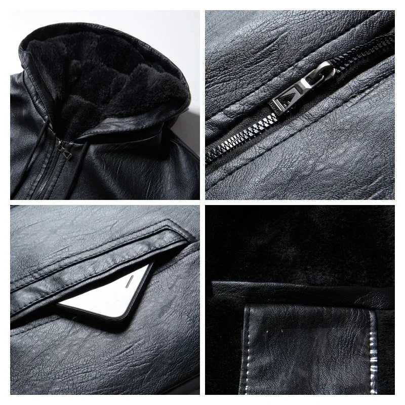 Winter Highend Mens Hooded Leather Jacket with Waterproof Windproof and Plush Insulation Men Clothing W251023