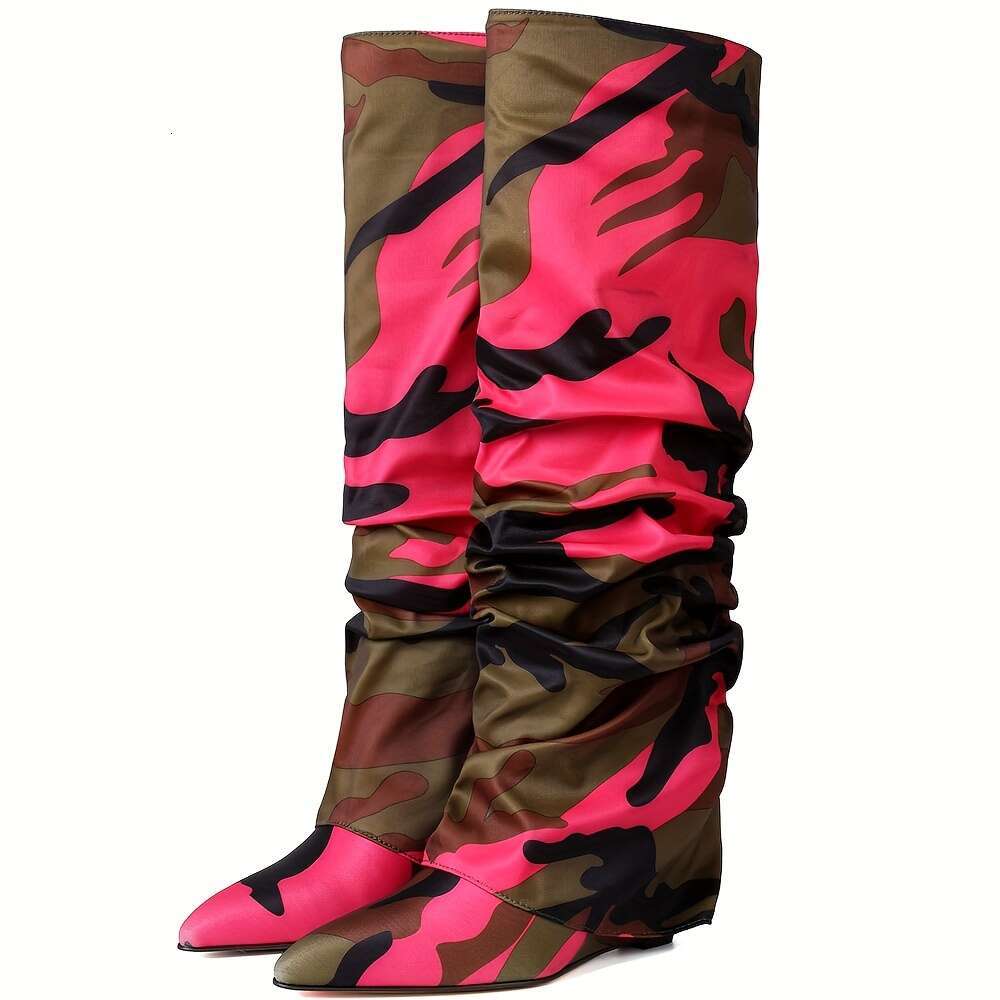 2026 Women's Knee High Shark Foldable Loose Pleated Boots, Wedge-Shaped High-Heeled Pointed Ankle Boots
