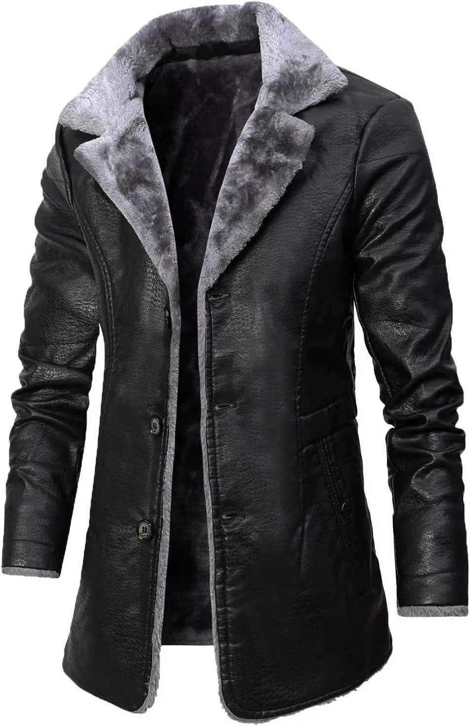 Windbreak High Quality Coat Fur Lined Button Mens Winter Faux Leather Casual Trench Coats Mens Down Lapel Collar Jackets W251023