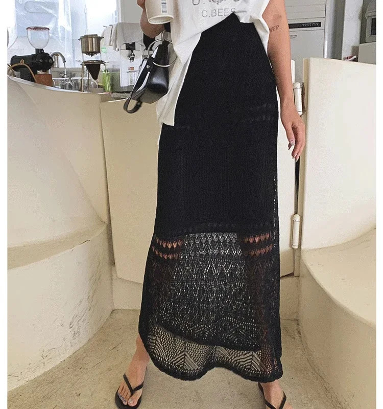 Crochet Knit Midi Skirt Semi Sheer Straight Fit Cutout Skirts Women Spring Summer Female Vacation Boho Beach Resort Wear 251020