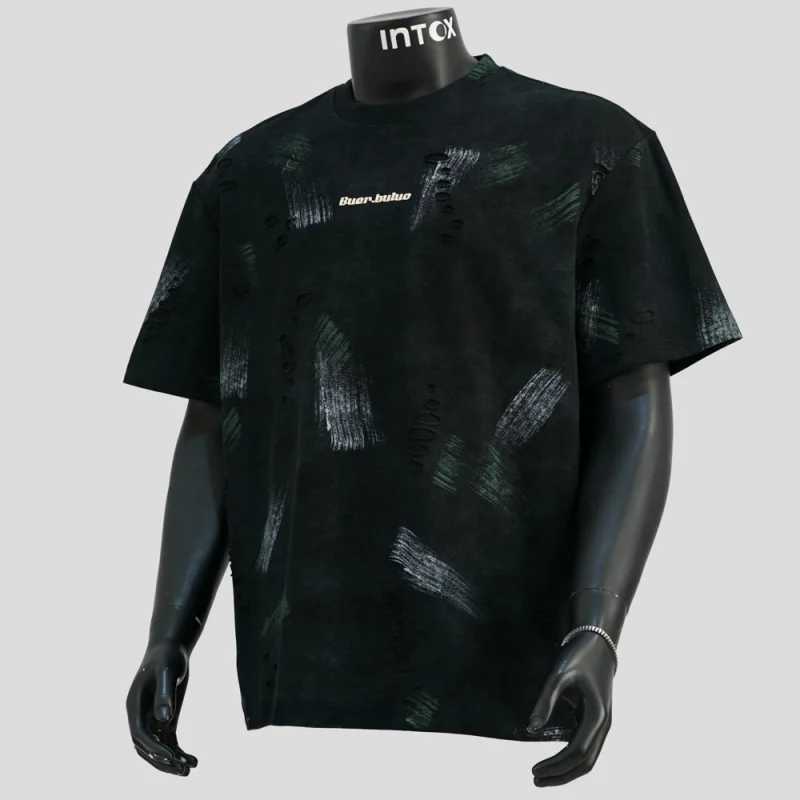 Broken hole short sleeved Tshirt mens 2025 summer fashion trend brand highend retro cool graffiti casual topXJ251023