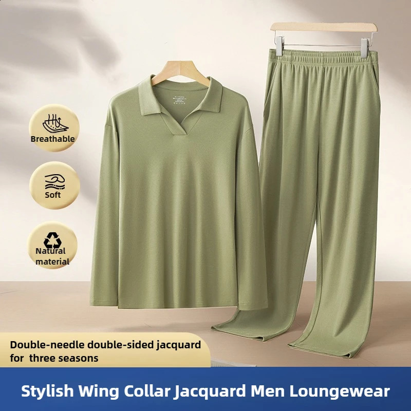 Men Pajama Sets Winter Jacquard Loungewear Long Sleeve Nightwear Bamboo Fiber Sleepwear Home Street Men Pijamas 251021