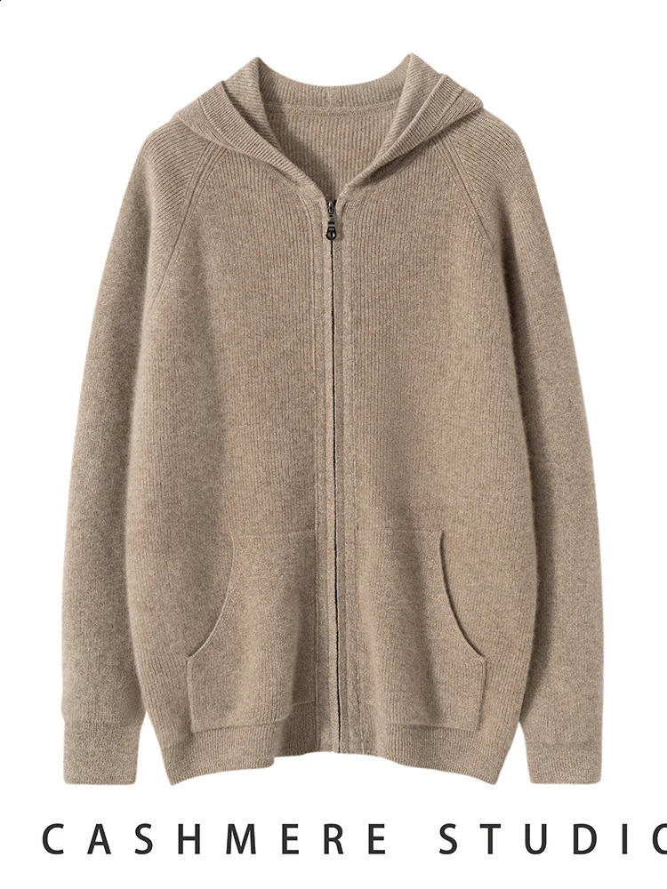 Mens Autumn Winter Cashmere Sweater Zippers Hooded Cardigan Jacquard Casual Pockets 100 Knitwear Raglan Sleeve Tops 251023
