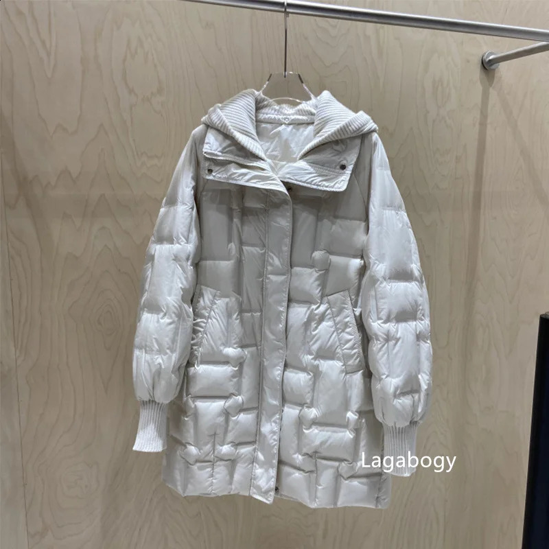 Lagabogy Winter Women Long White Duck Down Jacket Female Casual Loose Warm Parkas Knitted Hat Detachable Puffer Coat 251022