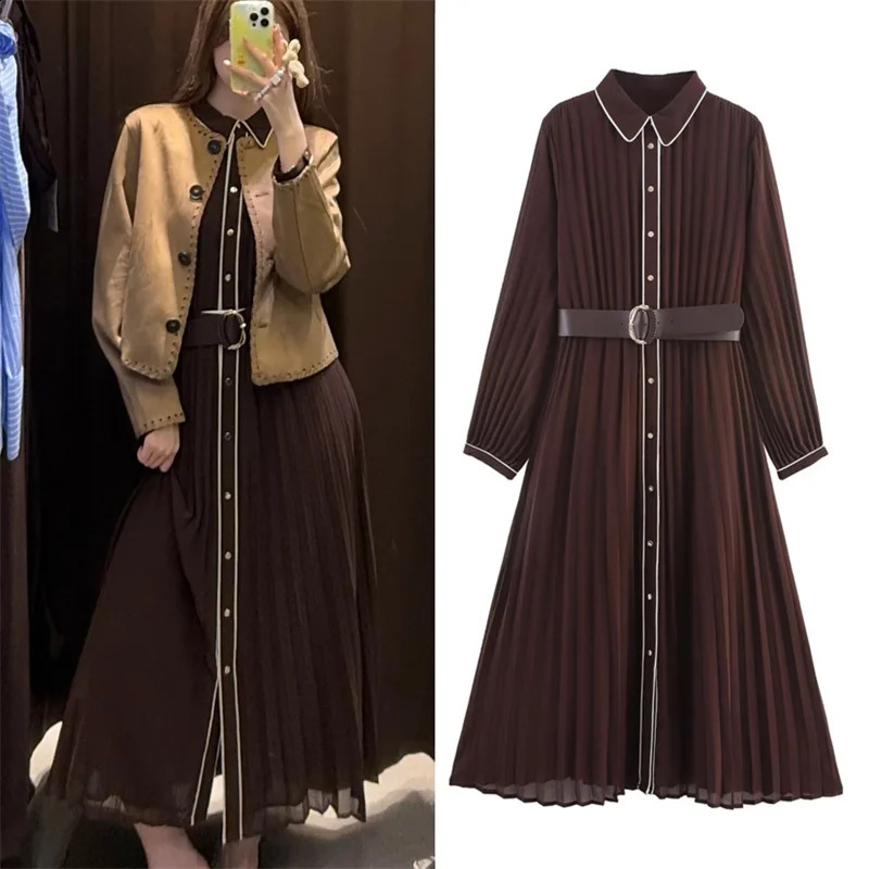 Womens Dresses Fall Russet Long Sleeves with Belt Pleated Embellished Midi Dress Maxi Casual Fashion Personality 251022