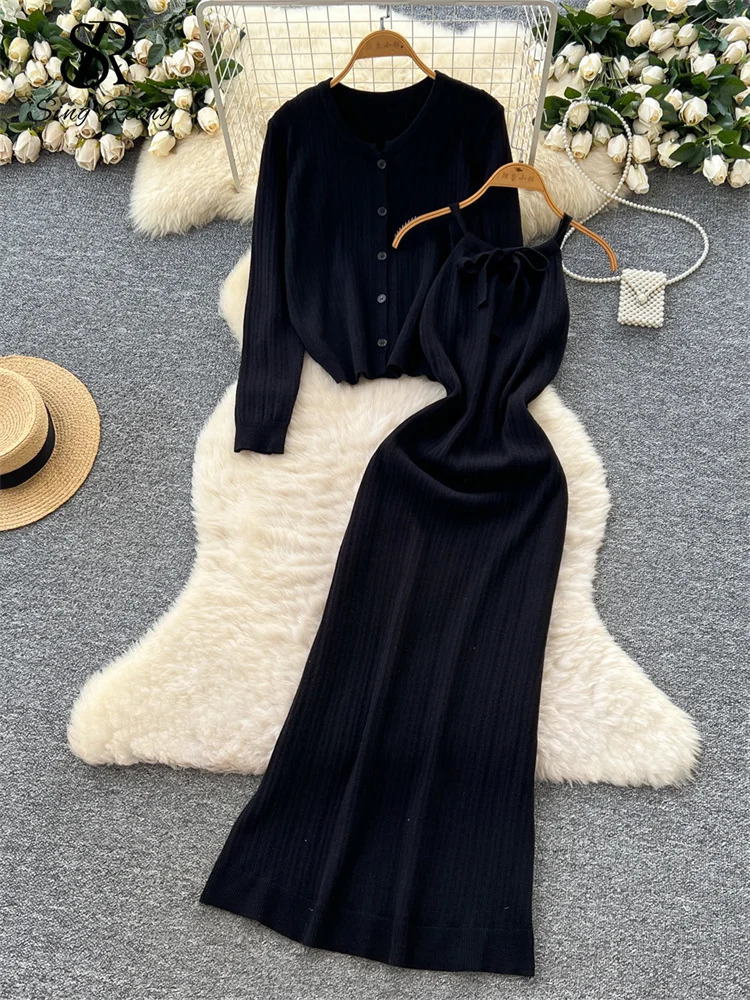 SINGREINY Autumn Elegant OL Women Suits Long Sleeve Single Breasted TopsSleeveless Strap Bodycon Dress Knit Solid Sweater Sets 251020
