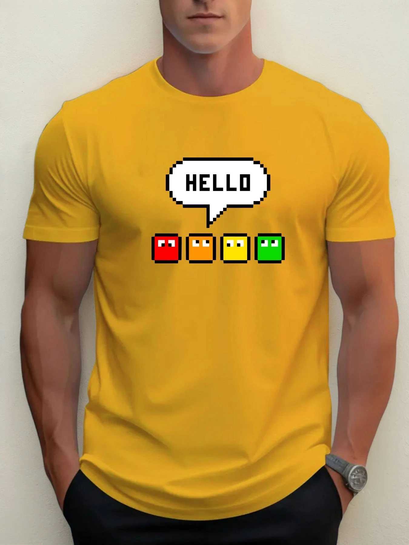 Mens TShirt Pixel HELLO Graphic 2025 100 Cotton Summer Retro Gaming Nostalgic 8Bit Crew Neck Short Sleeve TopXJ251023