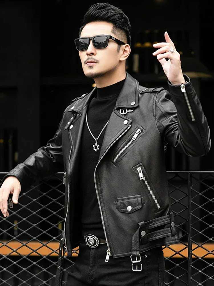 Long Sleeve Belt Plus Size European Fashion brand Spring Autumn Short Cool Black Leather Biker Jacket Men Zipper leather jackets W251023