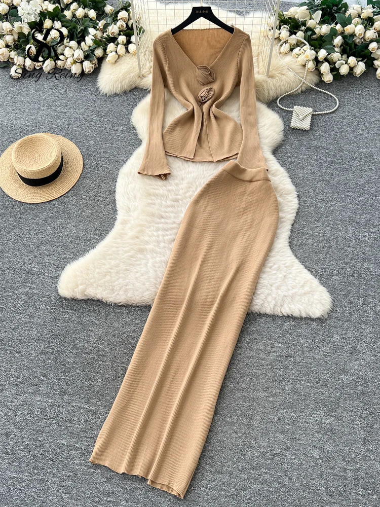 SINGREINY 3D Floral Knitted Two Piece Sets Autumn Women Long Sleeve Basic Warm TopSplit Skirt Winter Slim Party Suits 251022