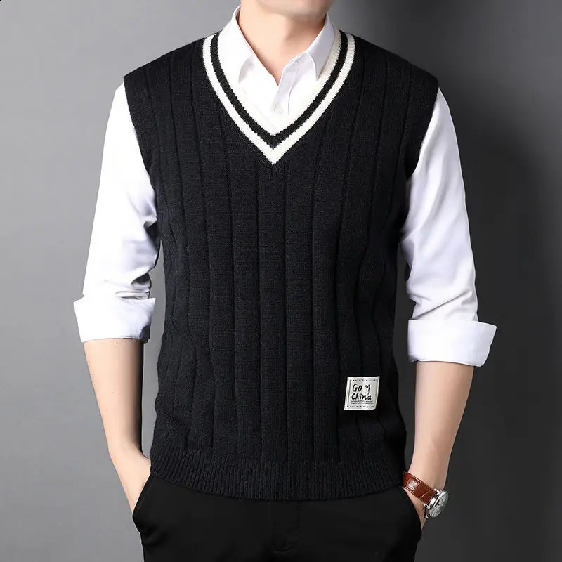 Spring Autumn Winter Vneck Vest Mens Sleeveless Bright Color Versatile Sweater Knitted 251023