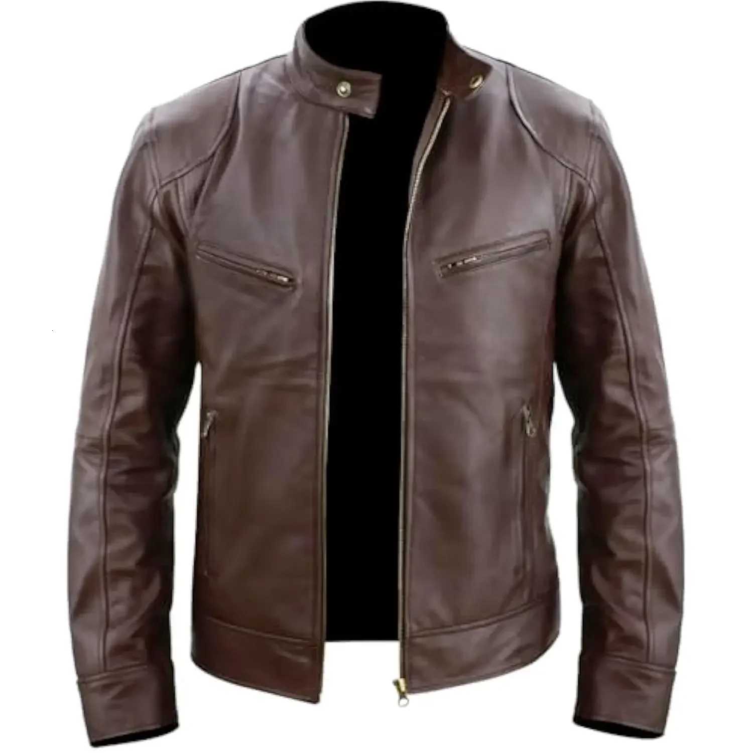 Slim Fit Retro Faux Leather Male Leather Jacket Cafe Racer Brand Mens Jackets Fashion Motorcycle Leather Coat Mens Clothing W251023