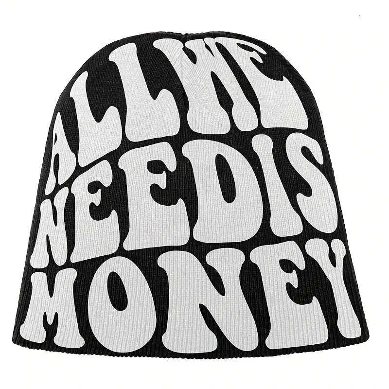 ALL WE NEED IS MONEY Beanie Letter Jacquard Hip Hop Knit Hat Unisex Y2K Skull Cap Warm Elastic Beanies Cap For Women MenXJ251023