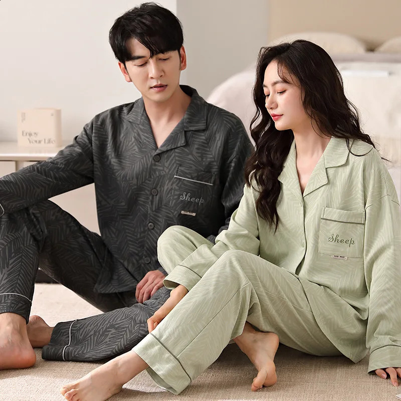 Solid Color Cotton Pajamas Set for Couples Women and Men Matching Sleepwear Long Sleeves Sleeping Top Trouser Cardigan Pijamas 251021