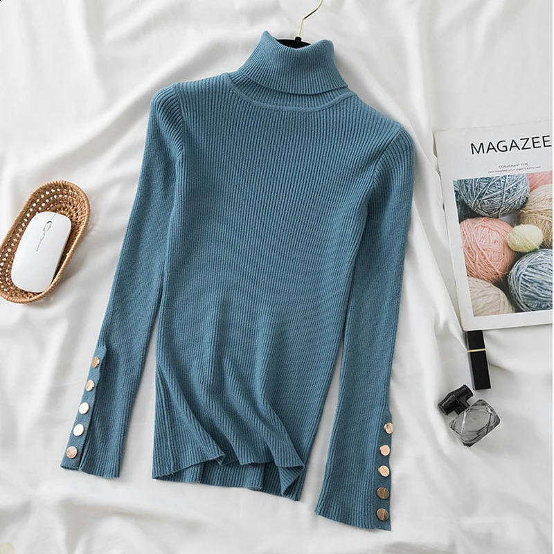 2025 autumn winter women thick sweater pullovers long sleeve button Turtleneck chic Sweater Female Slim knit soft jumper tops 251016