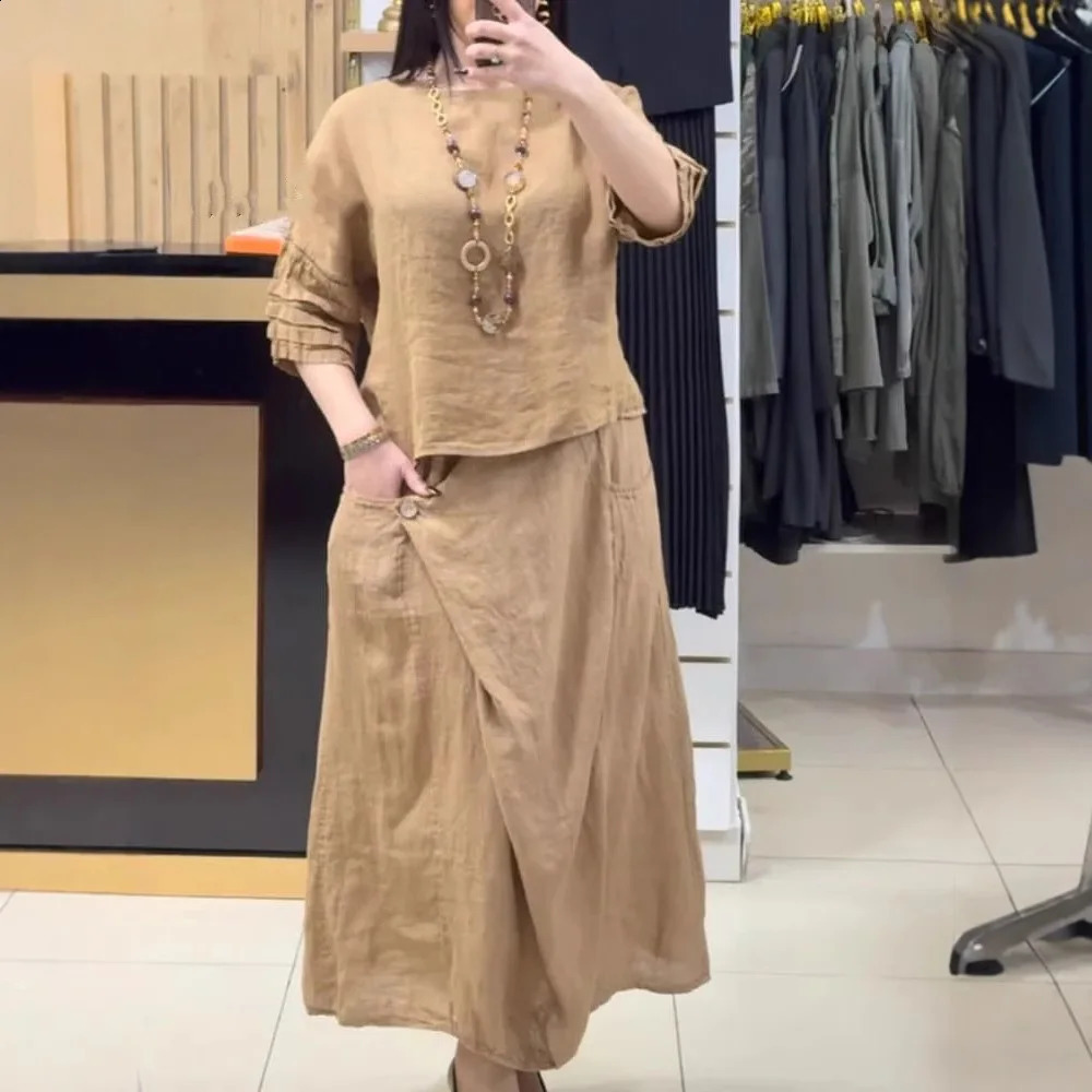 Spring Summer Womens Skirt Suit Pullover Top Oneck Irregular Long Simple Elegant Casual Solid Color 2piece Sets 251022